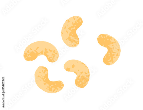 Cashew nuts, healthy vegan protein snack. Tasty vegetarian food. Sweet kernels, vitamin eating, scattered, flying composition. Natural ingredient. Flat vector illustration isolated on white background