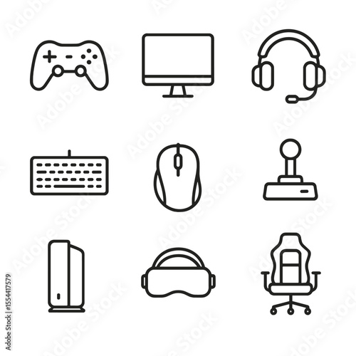 Gaming Icon Set. Outline icon set of Gaming and eSports: game controller, computer monitor, gaming headset, mechanical keyboard,