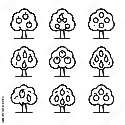 Fruit Tree Icons. Outline icon set of fruit tree orchard: apple tree, cherry tree, orange tree, pear tree, peach tree, plum tree,