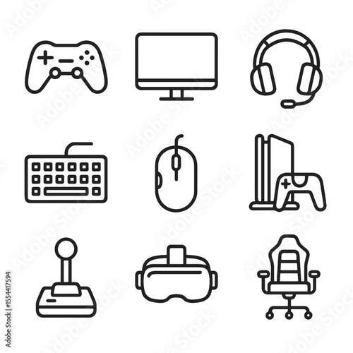 Gaming Icon Set. Outline icon set of Gaming and eSports: game controller, computer monitor, gaming headset, mechanical keyboard,