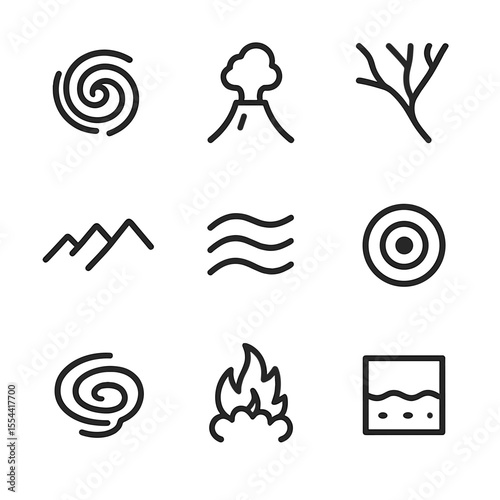 Geophysical Phenomena Icons. Outline icon set of geophysical phenomena from space: hurricane spiral, volcanic plume, river delta