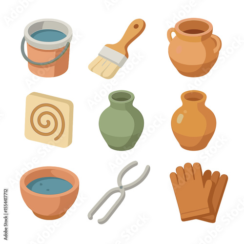 Glazing Techniques Icons. Isometric Flat icon set of glazing and finishing techniques: glaze bucket, brush, bisque-fired pot,