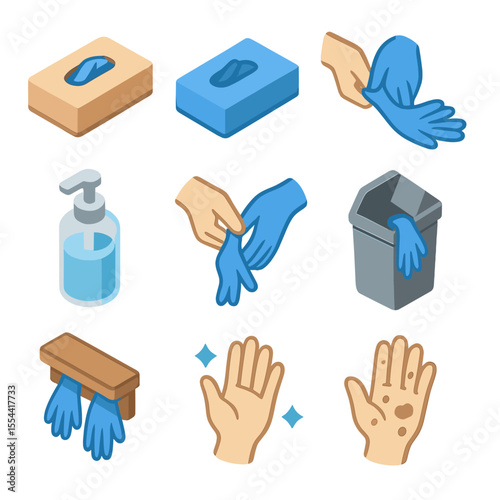 Glove Handling Icons. Isometric Flat icon set of glove donning and doffing: glove box, nitrile glove box, glove removal technique,