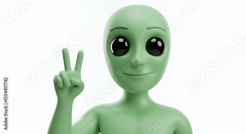 Adorable 3D Render of a Friendly Green Alien Showing Peace Sign, Positive Vibes