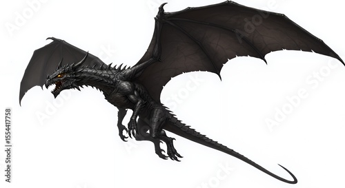 Majestic Black Dragon in Flight Powerful Wings and Fierce Gaze Fantasy Creature Illustration