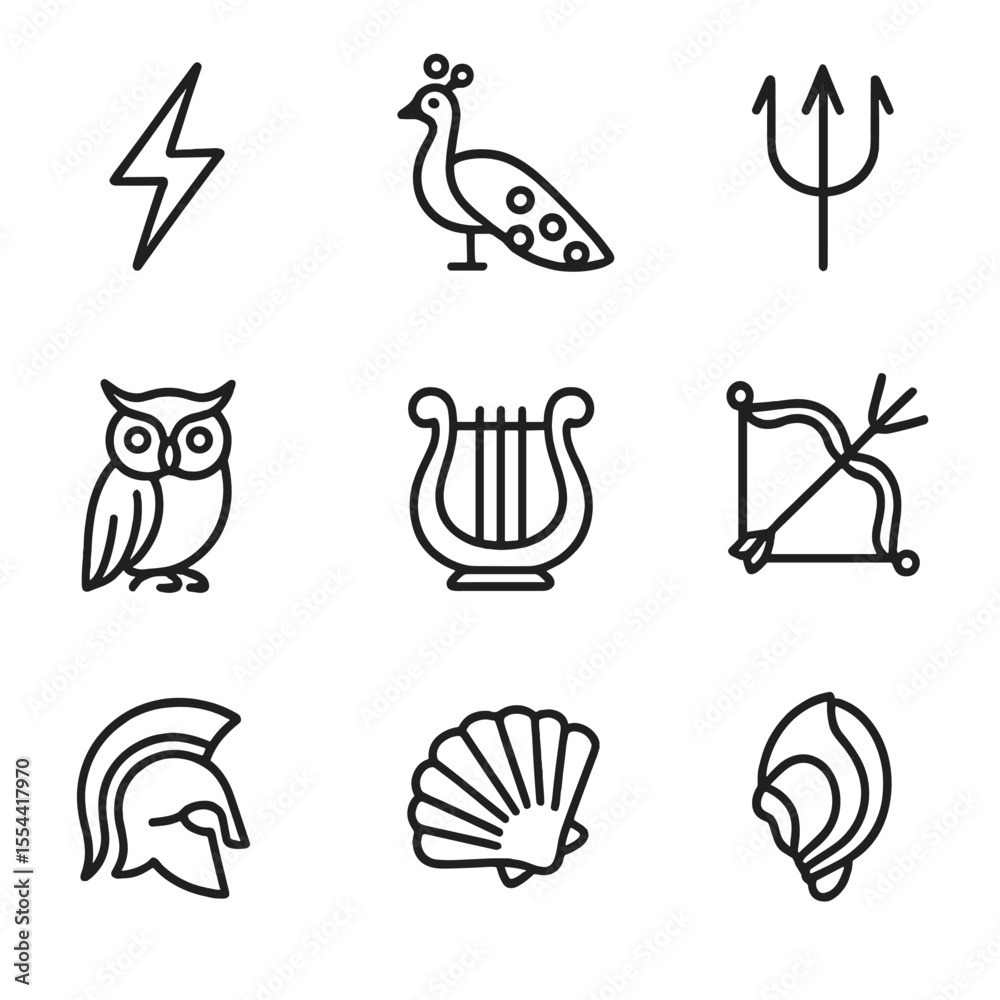 Fototapeta premium Greek Roman Icon Set. Outline icon set of major Greek and Roman gods: thunderbolt, peacock, trident, owl, lyre, bow and arrow,
