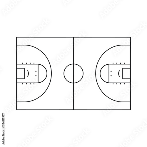 Simple line drawing of a basketball court with center circle and hoops