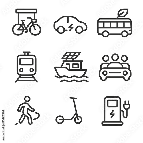 Green Transport Icons. Outline icon set of green transportation options: bicycle rental, electric car, hybrid bus, train,