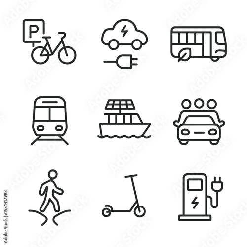 Green Transport Icons. Outline icon set of green transportation options: bicycle rental, electric car, hybrid bus, train,