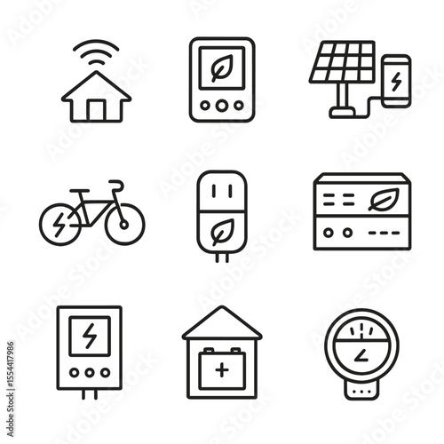 Green Tech Icons. Outline icon set of green technology devices: smart home hub, energy monitor, solar charger, electric bike,