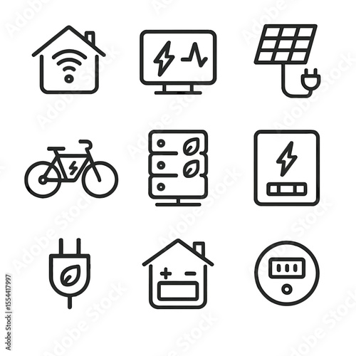 Green Tech Icons. Outline icon set of green technology devices: smart home hub, energy monitor, solar charger, electric bike,