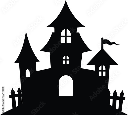 Hunted house vector silhouette, Halloween hunted house Spooky silhouette with bats flying around on halloween night vector design