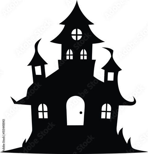 Hunted house vector silhouette, Halloween hunted house Spooky silhouette with bats flying around on halloween night vector design
