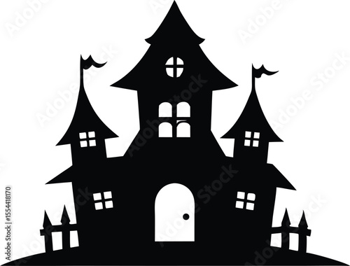 Hunted house vector silhouette, Halloween hunted house Spooky silhouette with bats flying around on halloween night vector design