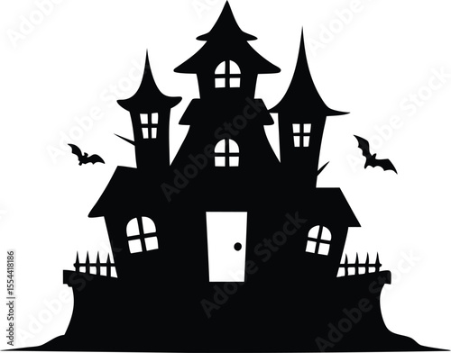 Hunted house vector silhouette, Halloween hunted house Spooky silhouette with bats flying around on halloween night vector design