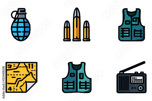 War icon collection: Grenades, bullets, bulletproof vests, communication radios
