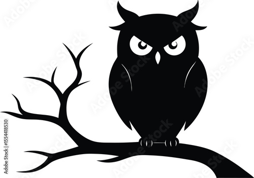 Halloween ominous owl sitting on a bare branch silhouette vector design