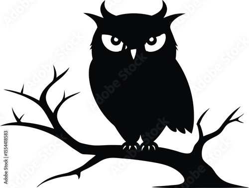 Halloween ominous owl sitting on a bare branch silhouette vector design