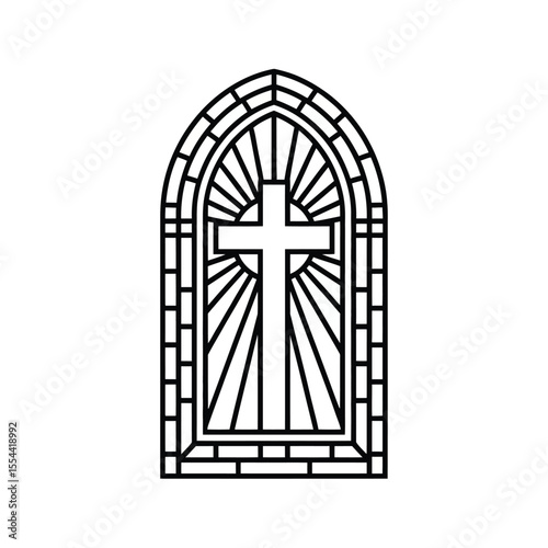 Gothic arch stained glass window with christian cross and sunburst design