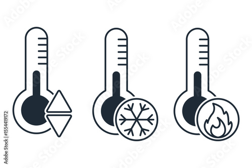 Thermometer with temperature adjustment icons.Vector linear illustration isolated on white background.