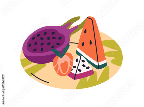 Tropical fruit plate. Exotic pitaya, watermelon piece, strawberry slice served on platter. Fresh natural healthy snacks. Summer vitamin mix. Flat vector illustration isolated on white background