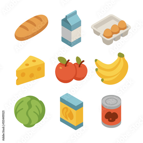 Grocery Bag Icons. Isometric Flat icon set of grocery bag contents: loaf of bread, milk carton, egg carton, cheese wheel, apples,
