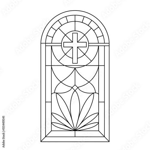 Elegant black and white line art of a gothic arched stained glass window with a cross