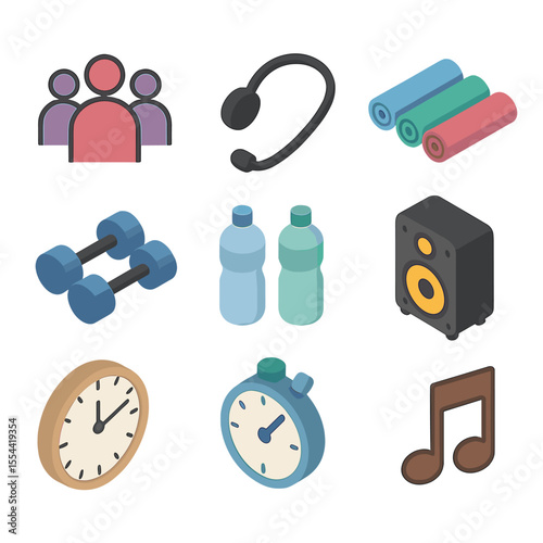 Group Fitness Icons. Isometric Flat icon set of group fitness class: group silhouettes, instructor microphone, yoga mats,