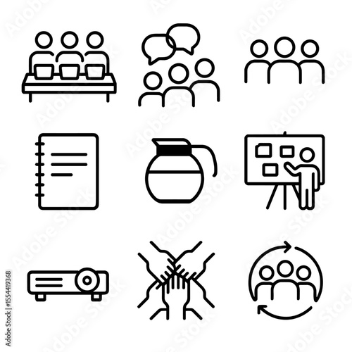 Group Study Icons. Outline icon set of Group Study Session: shared desk, multiple laptops, discussion bubbles, group of students