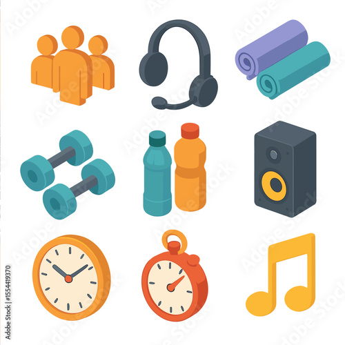 Group Fitness Icons. Isometric Flat icon set of group fitness class: group silhouettes, instructor microphone, yoga mats,