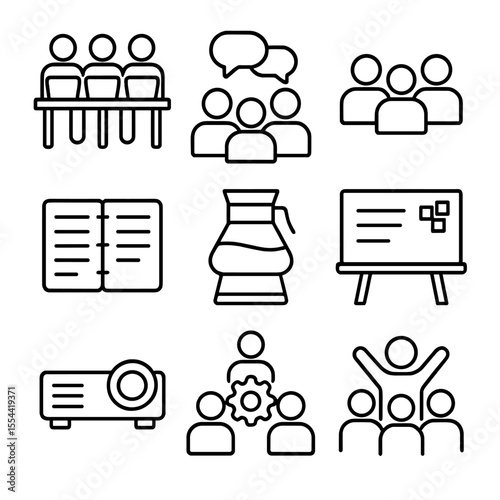 Group Study Icons. Outline icon set of Group Study Session: shared desk, multiple laptops, discussion bubbles, group of students
