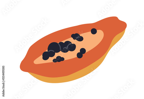 Papaya half, tropical sweet papaw, cut fruit piece, cross-section with fresh pulp, seeds. Exotic ripe raw pawpaw food, summer vitamin nutrition. Flat vector illustration isolated on white background