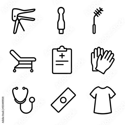 Gynecological Exam Icons. Outline icon set of gynecological exams: speculum, ultrasound wand, cervical brush, clinic bed, medical