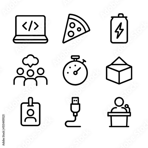 Hackathon Icons Grid. Outline icon set of Hackathon Events: laptop coding, pizza slice, energy drink can, group brainstorm,