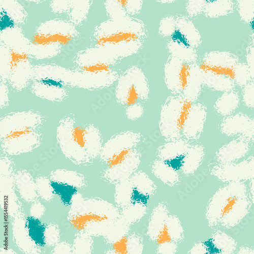 Floral seamless mint pattern with different abstract white fluffy  flowers. Vector background, design, print, wrapping paper, textile