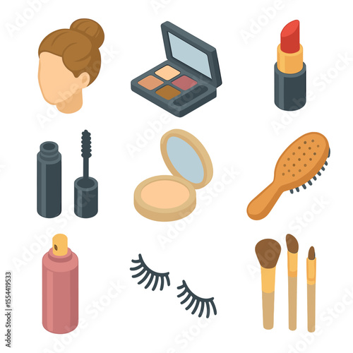 Hairstyle and Makeup Icons. Isometric Flat icon set of hairstyle and makeup essentials: updo hairstyle head, makeup palette,