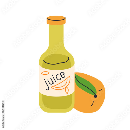 Mango juice in glass bottle. Tropical fruit beverage with sweet juicy flavor. Exotic natural lemonade, cold refreshing drink. Summer refreshment. Flat vector illustration isolated on white background