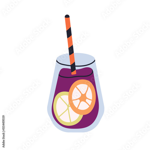 Lemonade, summer cocktail in glass with straw. Refreshing cold fruit drink. Cool beverage with citrus pieces. Sweet fruity mocktail, berry juice. Flat vector illustration isolated on white background