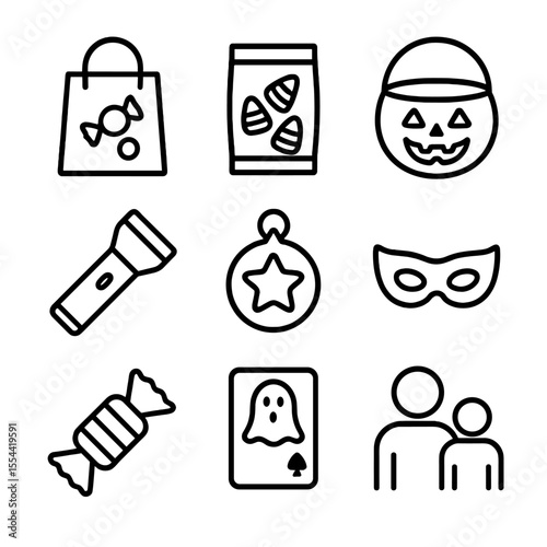 Halloween Icon Set. Outline icon set of Halloween Trick-or-Treating Essentials: treat bag, candy corn packet, jack-o’-lantern