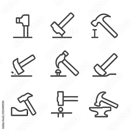 Hammer Techniques Icons. Outline icon set of hammer techniques: single strike, driving nail, removing nail, tapping, peening,