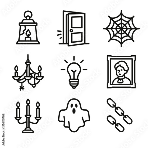 Haunted House Icons. Outline icon set of Haunted House Props: broken lantern, creaky door, spider web, cobwebbed chandelier,
