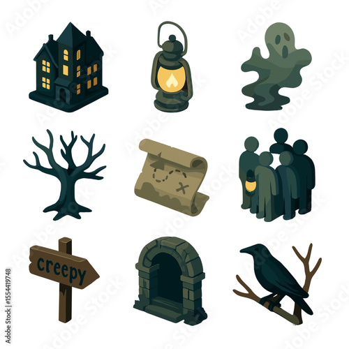 Haunted Tour Icons. Isometric Flat icon set of ghost tour participants in the dark: haunted mansion silhouette, flickering lantern