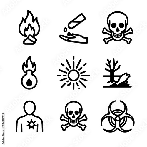 Hazard Symbols Grid. Outline icon set of liquid hazard symbols: flammable liquid symbol, corrosive icon, toxic symbol, oxidizer