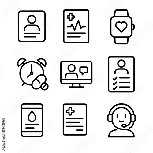 Healthcare Icons Set. Outline icon set of Hyper Personalized Healthcare Services: patient profile, health chart, wearable device,