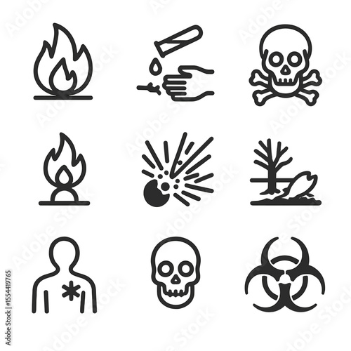 Hazard Symbols Grid. Outline icon set of liquid hazard symbols: flammable liquid symbol, corrosive icon, toxic symbol, oxidizer
