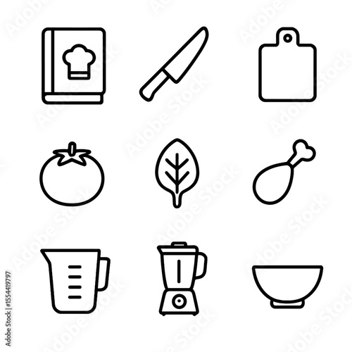 Healthy Recipe Icons. Outline icon set of healthy recipe customization: recipe book, chef knife, cutting board, tomato, spinach