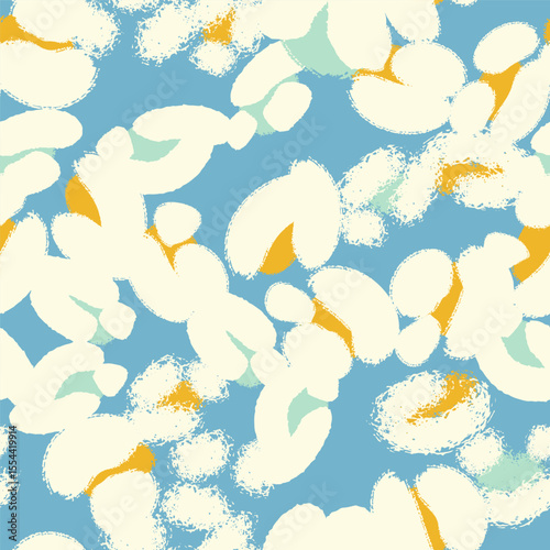Floral seamless blue pattern with different abstract white fluffy  flowers. Vector background, design, print, wrapping paper, textile