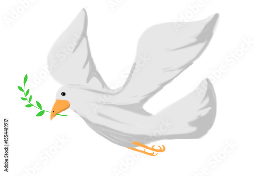 A White dove flying with green twig, symbolizing global peace and harmony – PNG, transparent background.

