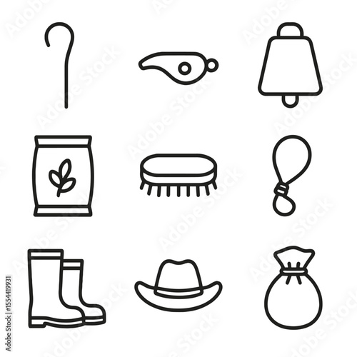 Herding Tools Icons. Outline icon set of herding tools and gear: herding crook, sheepdog whistle, weighted cowbell, feed sack,