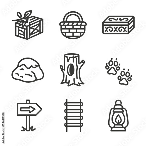Hidden Forest Cache Icons. Outline icon set of hidden forest cache: camouflaged crate, basket, carved wooden box, moss-covered